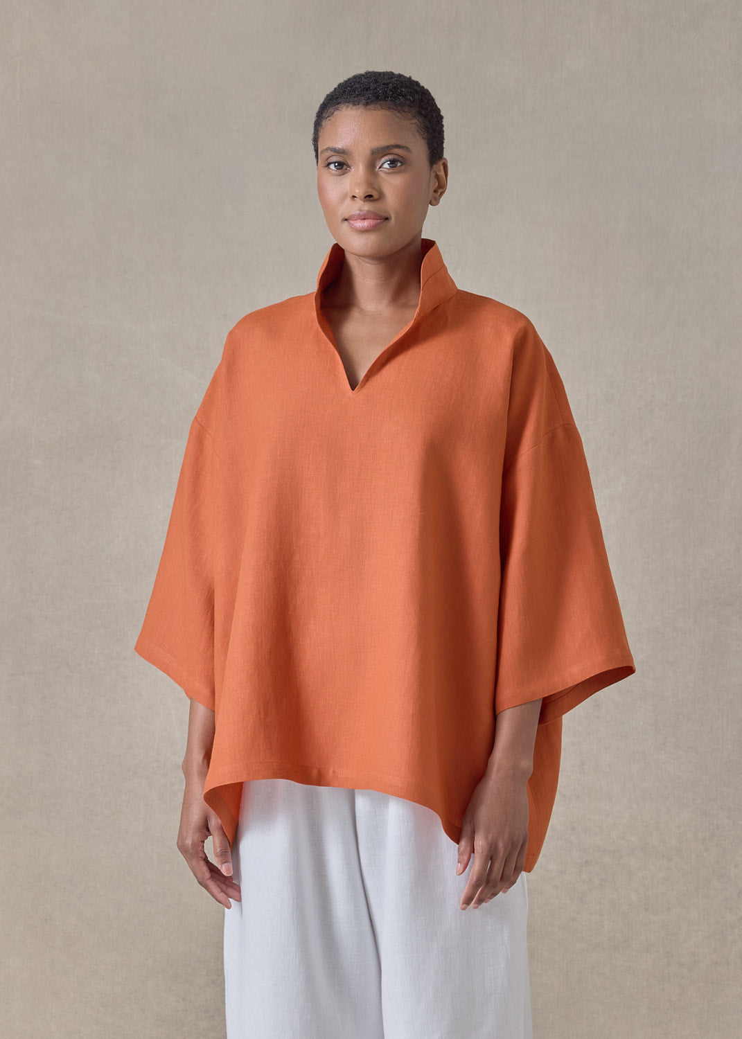 lightweight linen a-line short sleeve tunic with double stand collar - mid (burntorange)