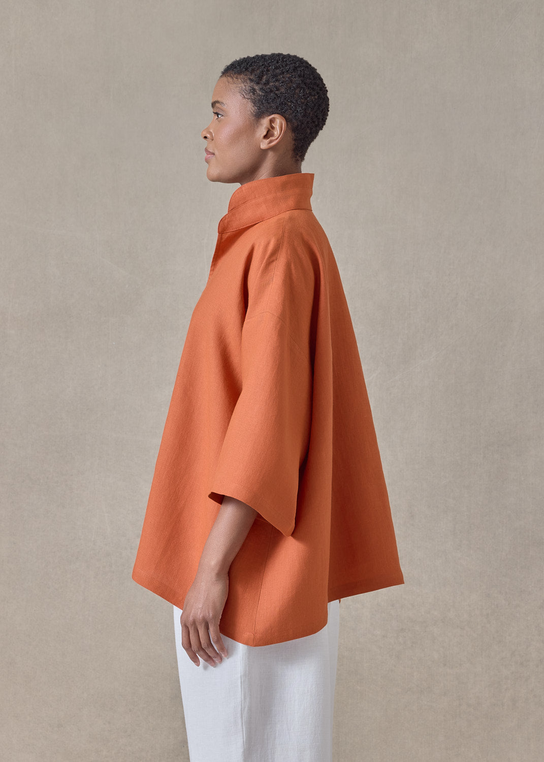 lightweight linen a-line short sleeve tunic with double stand collar - mid (burntorange)