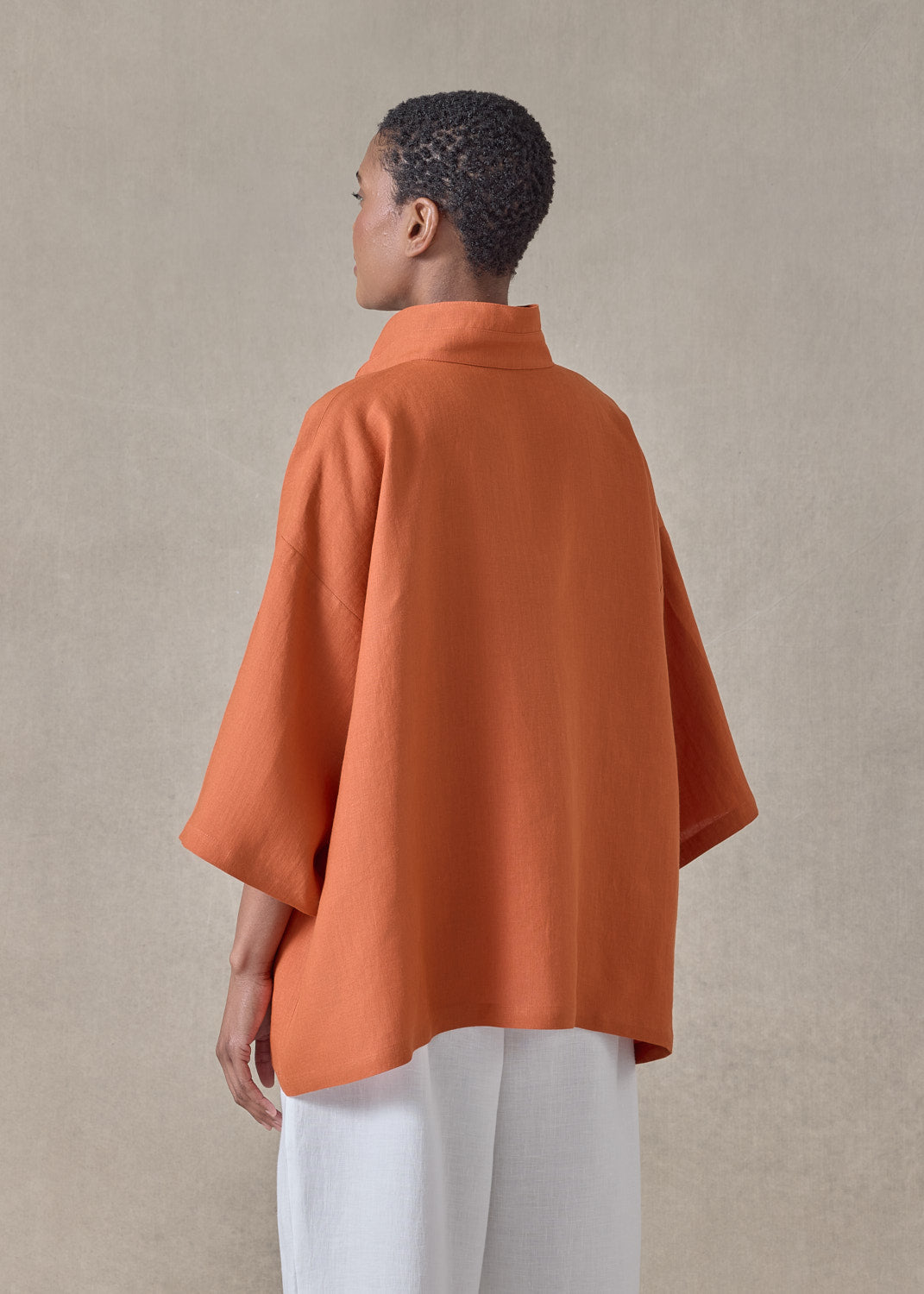 lightweight linen a-line short sleeve tunic with double stand collar - mid (burntorange)