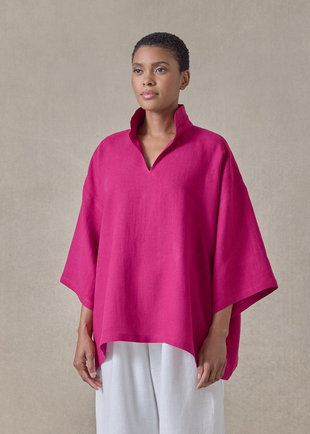 linen a-line short sleeve tunic with double stand collar - mid (magenta)