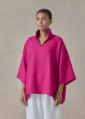 linen a-line short sleeve tunic with double stand collar - mid (magenta)