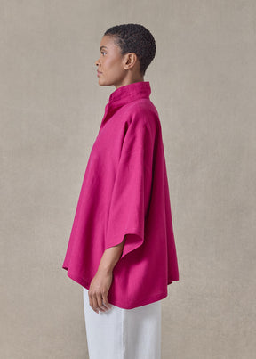 linen a-line short sleeve tunic with double stand collar - mid (magenta)