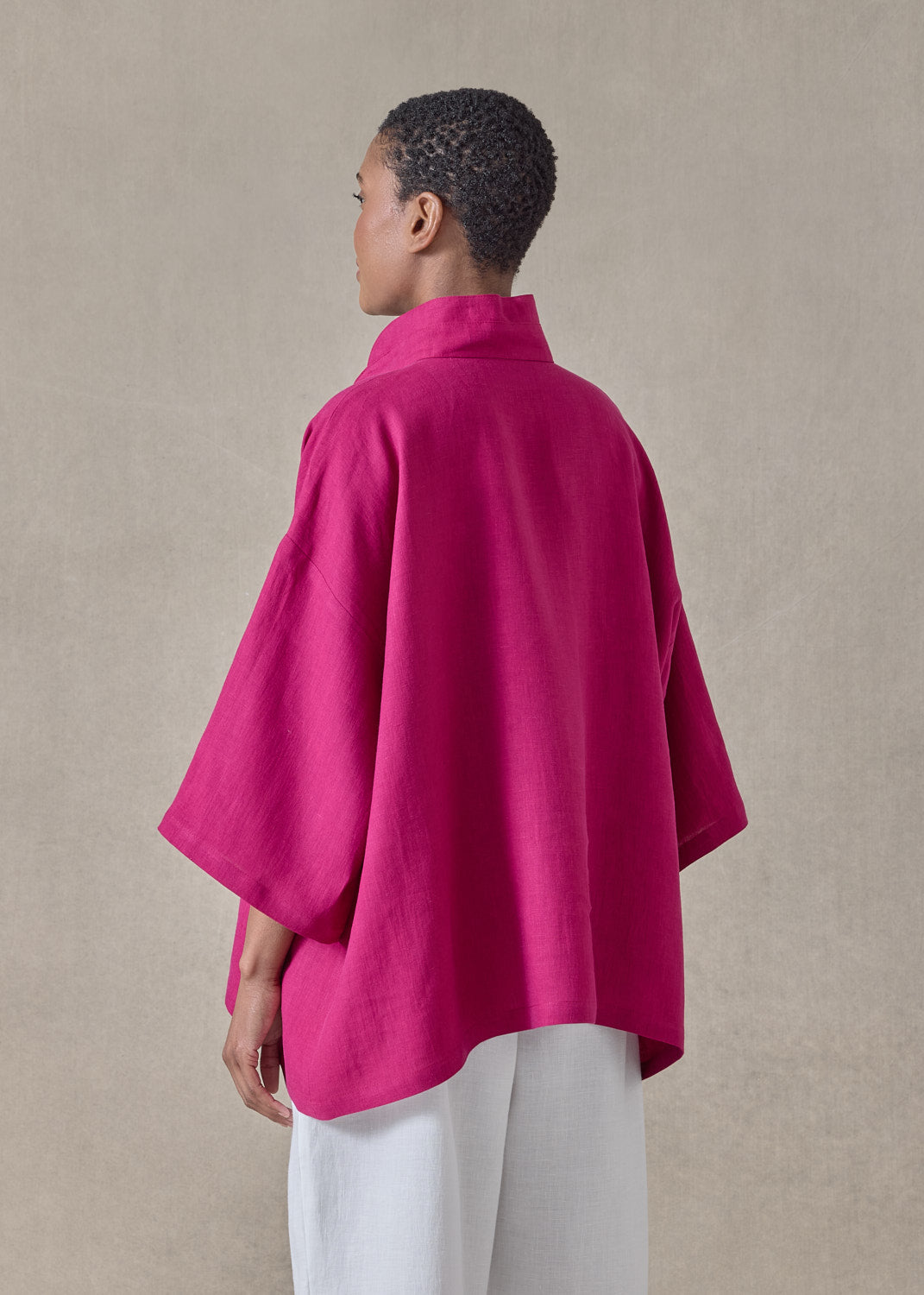 linen a-line short sleeve tunic with double stand collar - mid (magenta)