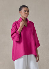 linen a-line short sleeve tunic with double stand collar - mid (magenta)