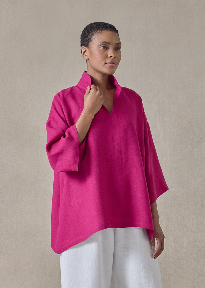 linen a-line short sleeve tunic with double stand collar - mid (magenta)