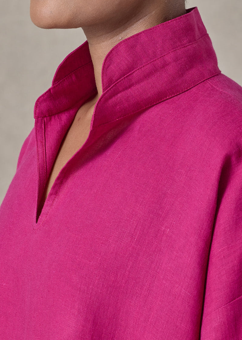linen a-line short sleeve tunic with double stand collar - mid (magenta)