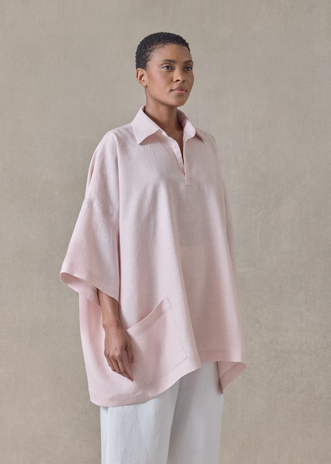 linen angle to front side seam short sleeve tunic with collar - long (palepink)