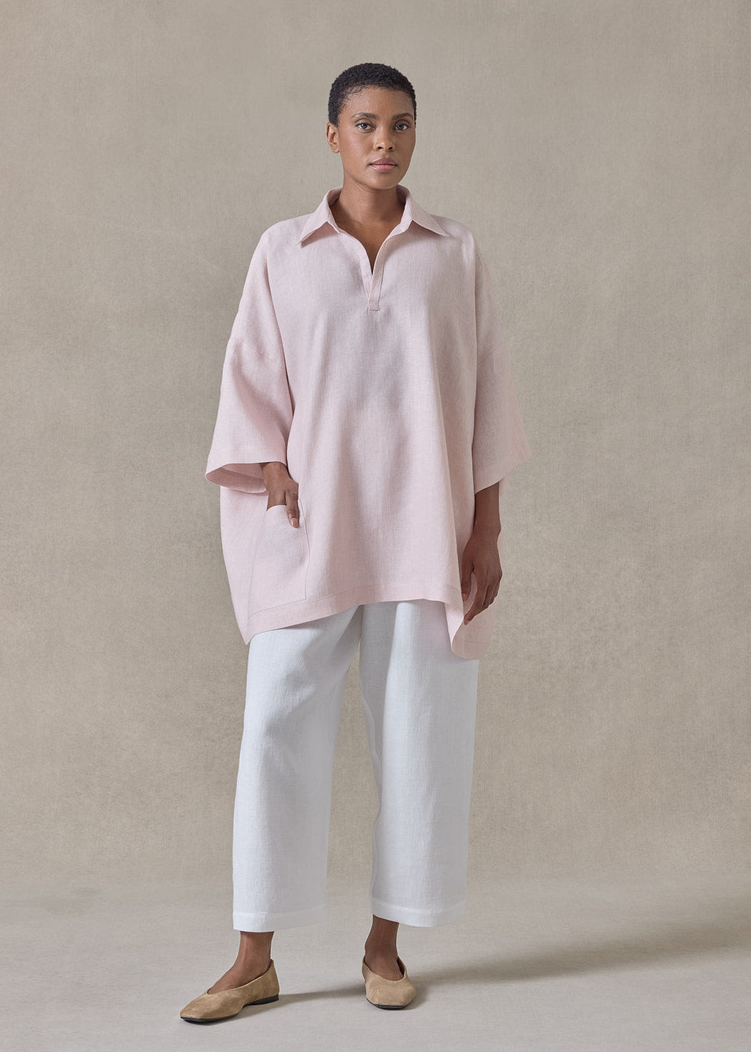 linen angle to front side seam short sleeve tunic with collar - long (palepink)