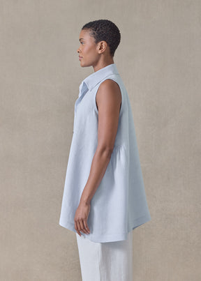 lightweight linen side pleated sleeveless shirt with collar - long (bridgertonblue)