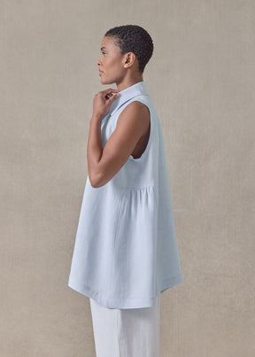 lightweight linen side pleated sleeveless shirt with collar - long (bridgertonblue)