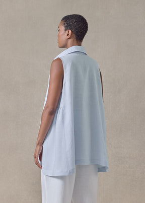 lightweight linen side pleated sleeveless shirt with collar - long (bridgertonblue)