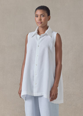 lightweight linen side pleated sleeveless shirt with collar - long (white)