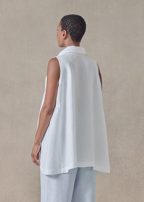 lightweight linen side pleated sleeveless shirt with collar - long (white)