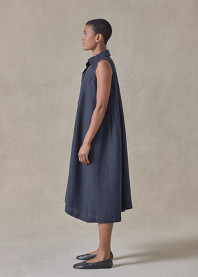 lightweight linen side pleated sleeveless shirt dress with collar (navydark)