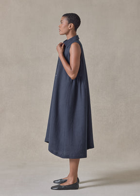 lightweight linen side pleated sleeveless shirt dress with collar (navydark)