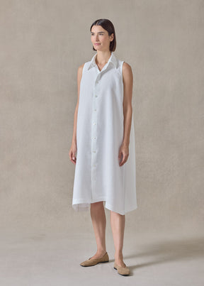 lightweight linen side pleated sleeveless shirt dress with collar (white)
