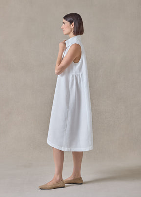 lightweight linen side pleated sleeveless shirt dress with collar (white)