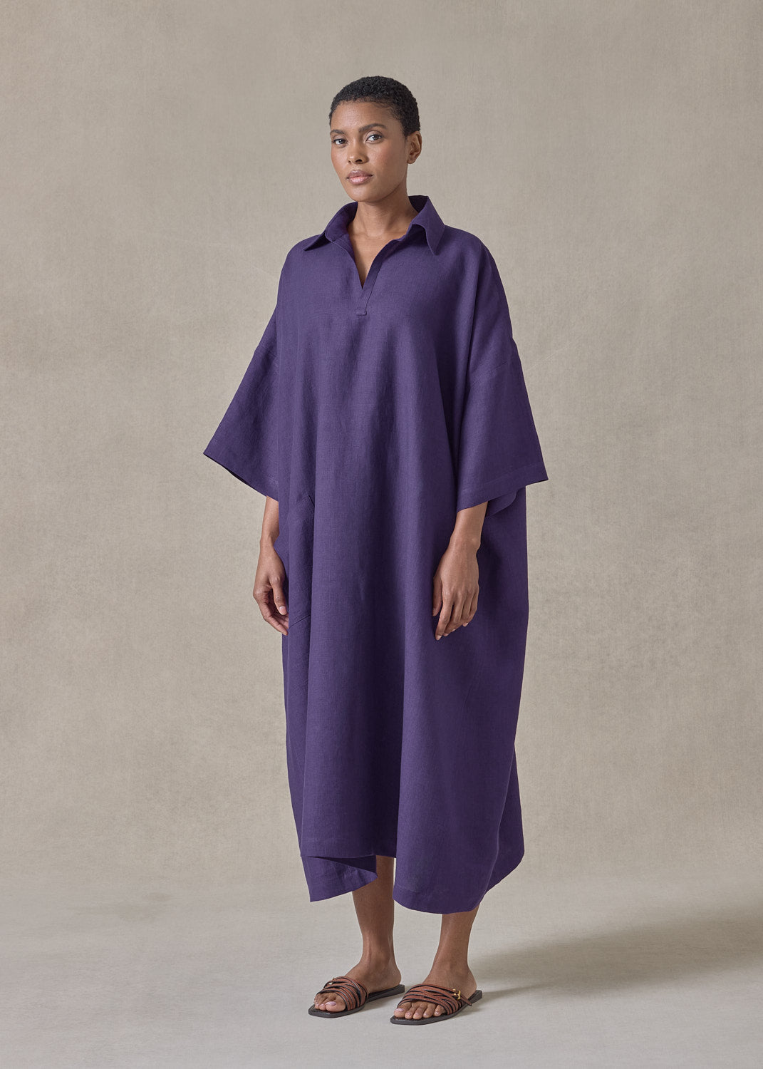 lightweight linen angle to front side seam short sleeve dress with collar (tincture)