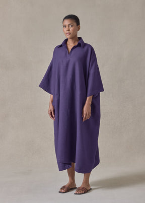 lightweight linen angle to front side seam short sleeve dress with collar (tincture)