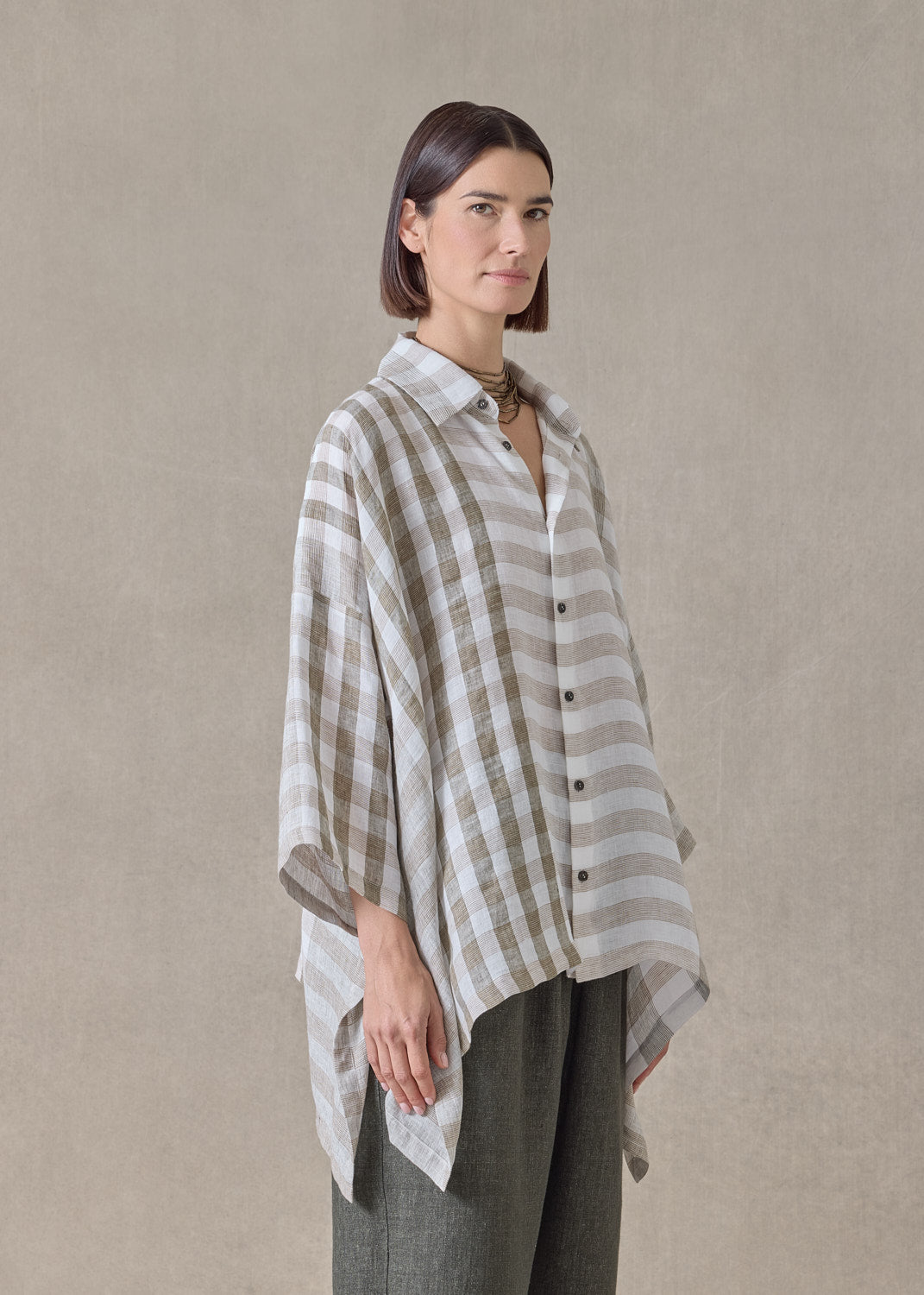 linen double pointed sides shirt with collar - mid plus (olive)