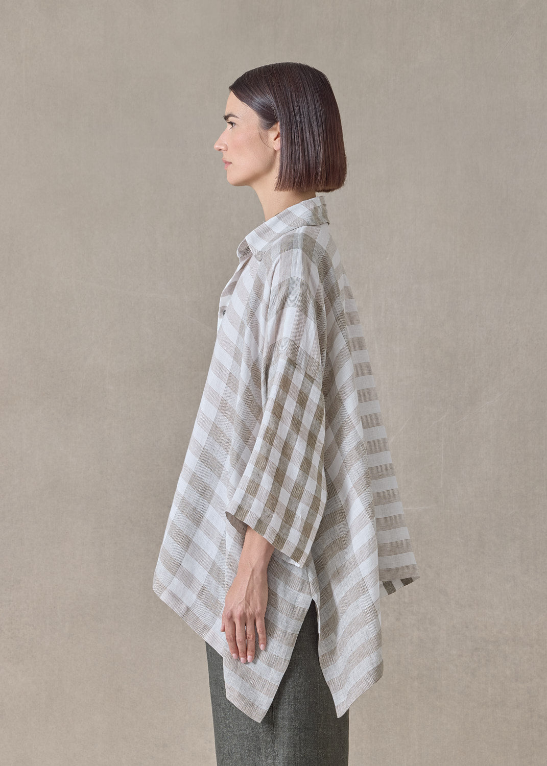 linen double pointed sides shirt with collar - mid plus (olive)