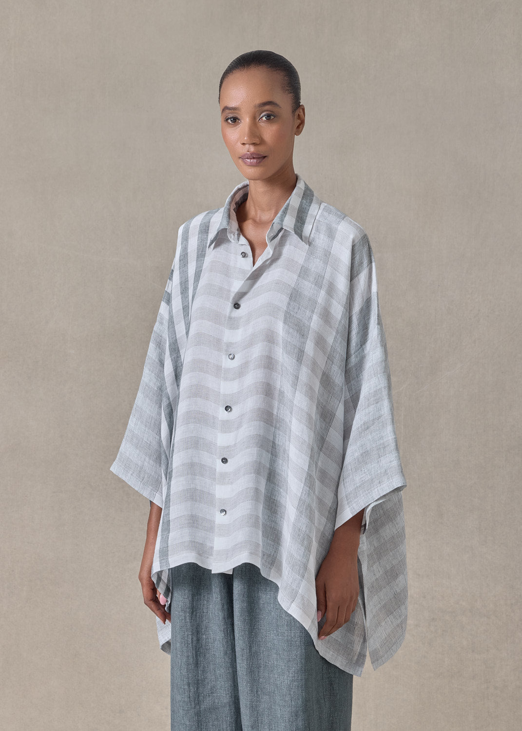 linen double pointed sides shirt with collar - mid plus (petrol)