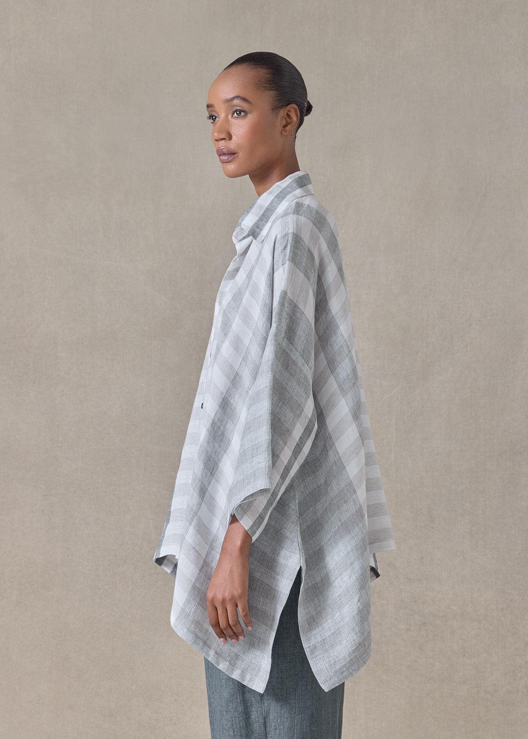 linen double pointed sides shirt with collar - mid plus (petrol)