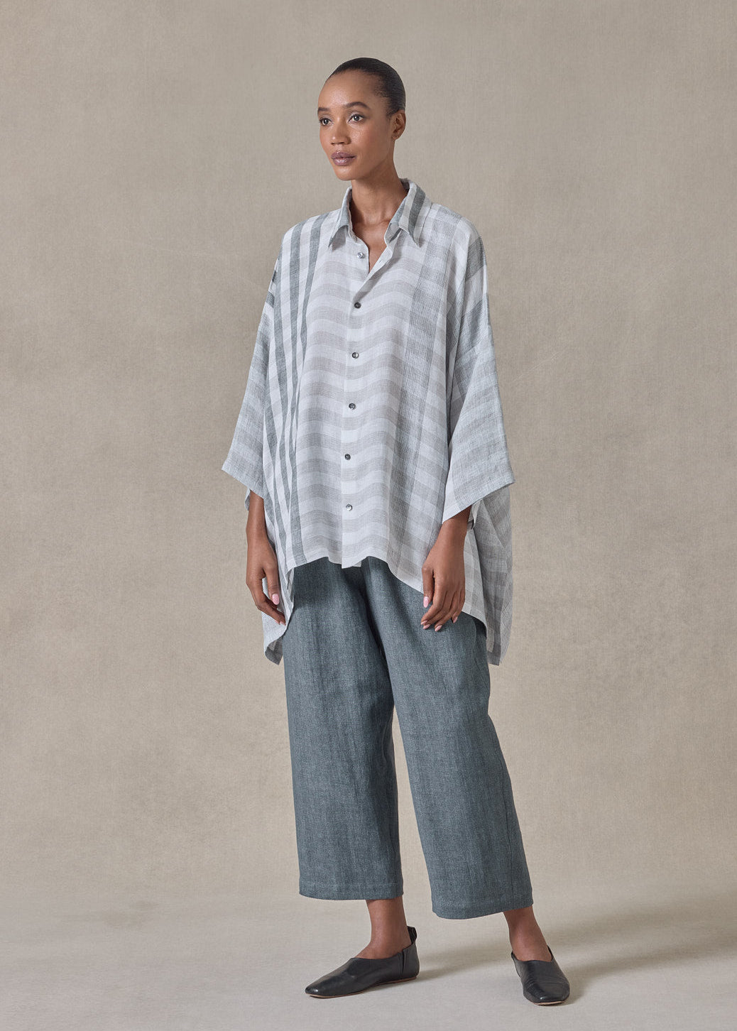 linen double pointed sides shirt with collar - mid plus (petrol)