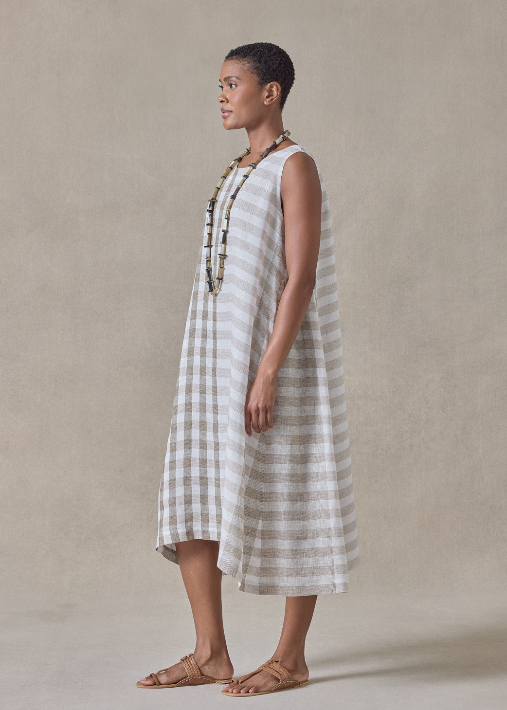 linen 3/4 length side pleated sleeveless dress (olive)