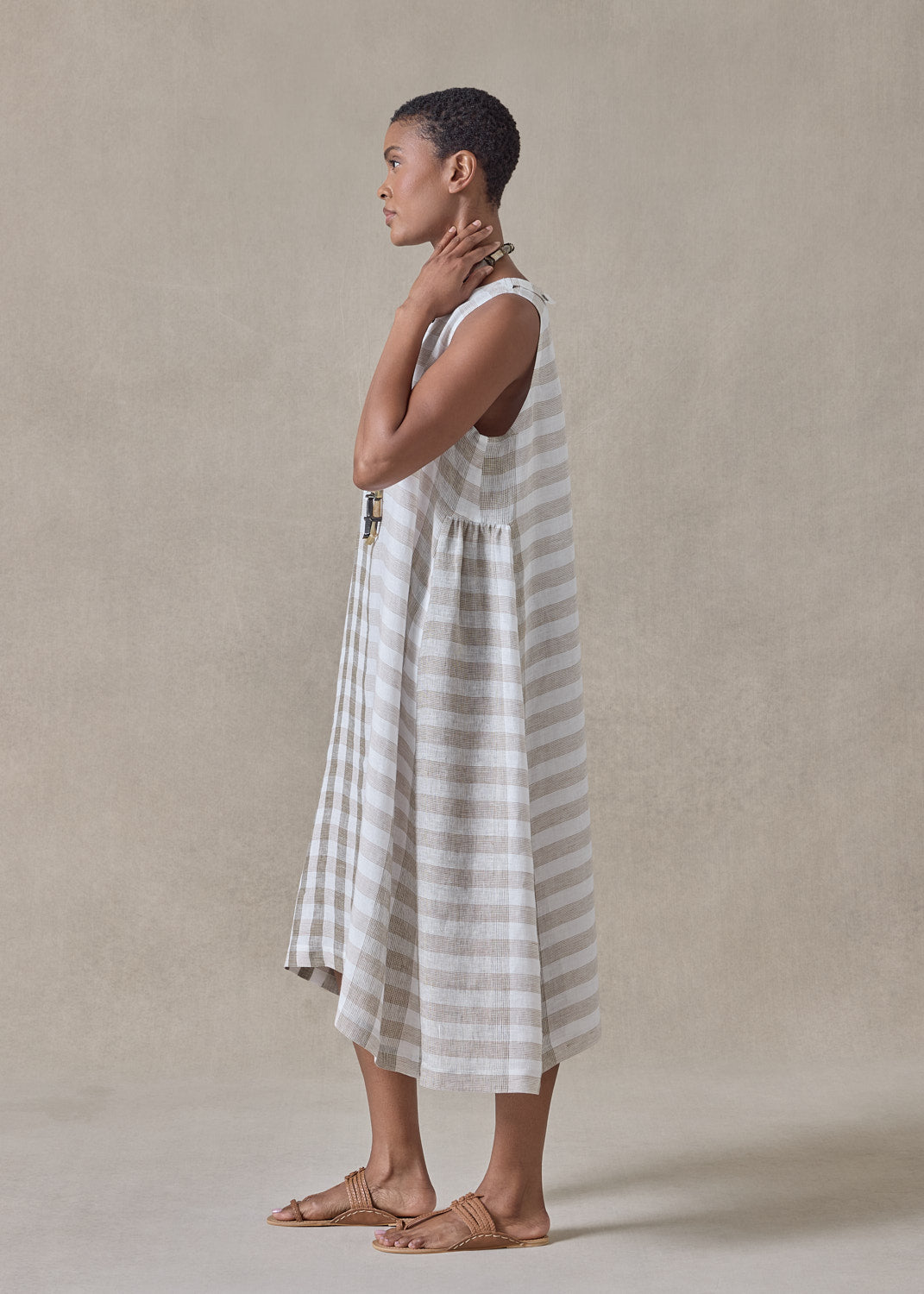 linen 3/4 length side pleated sleeveless dress (olive)
