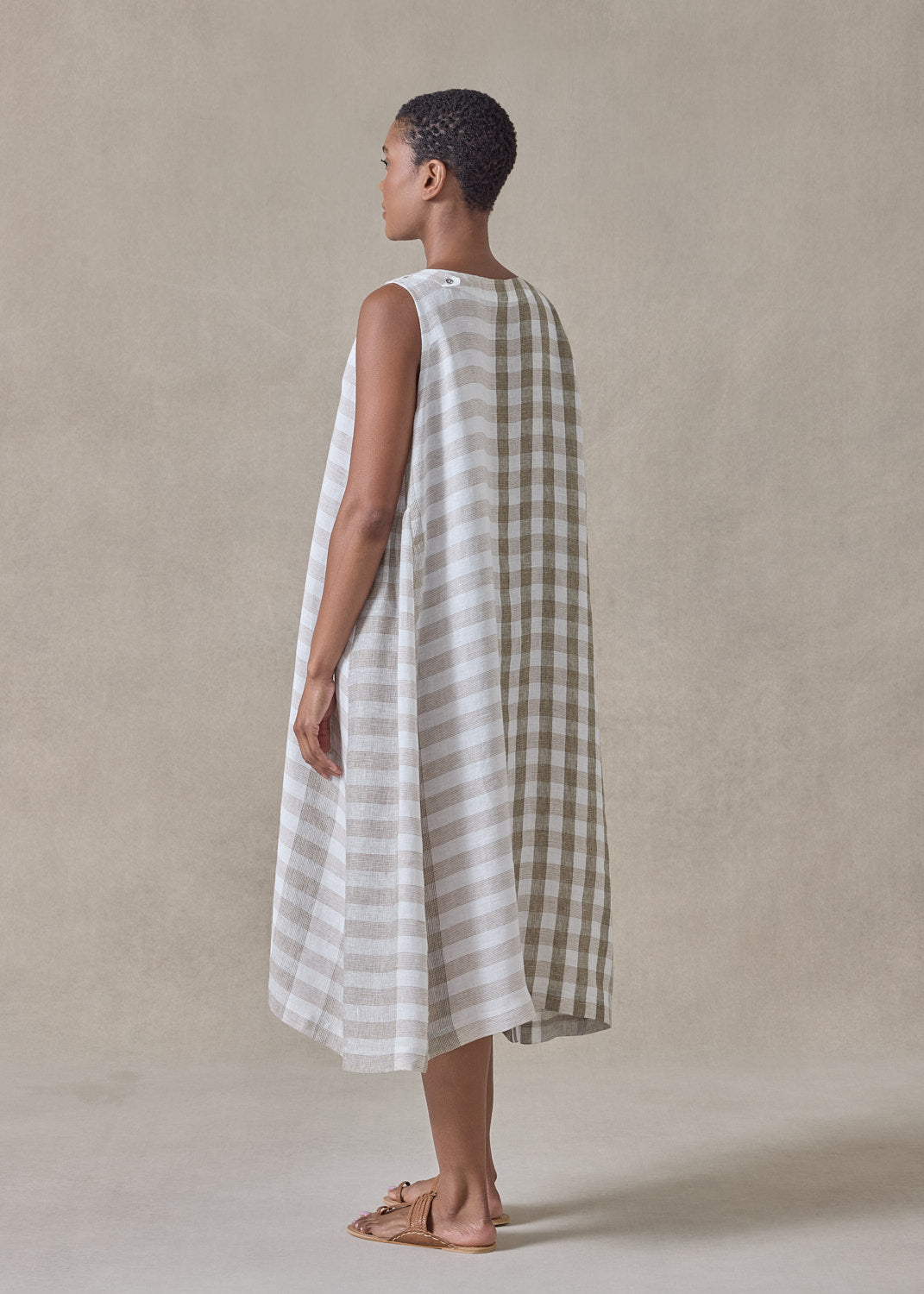 linen 3/4 length side pleated sleeveless dress (olive)
