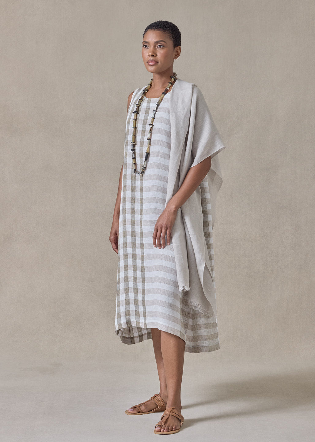 linen 3/4 length side pleated sleeveless dress (olive)