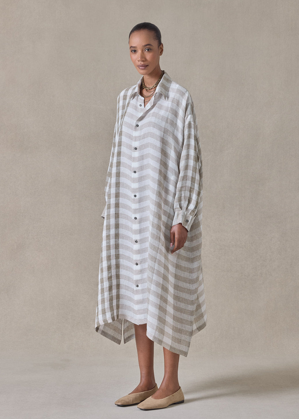 linen wide a-line shirt dress with collar (olive)