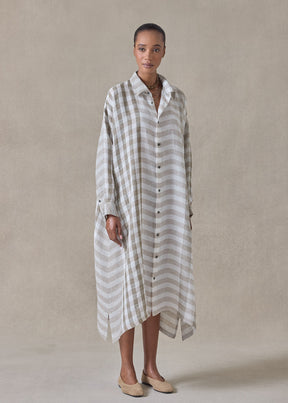linen wide a-line shirt dress with collar (olive)