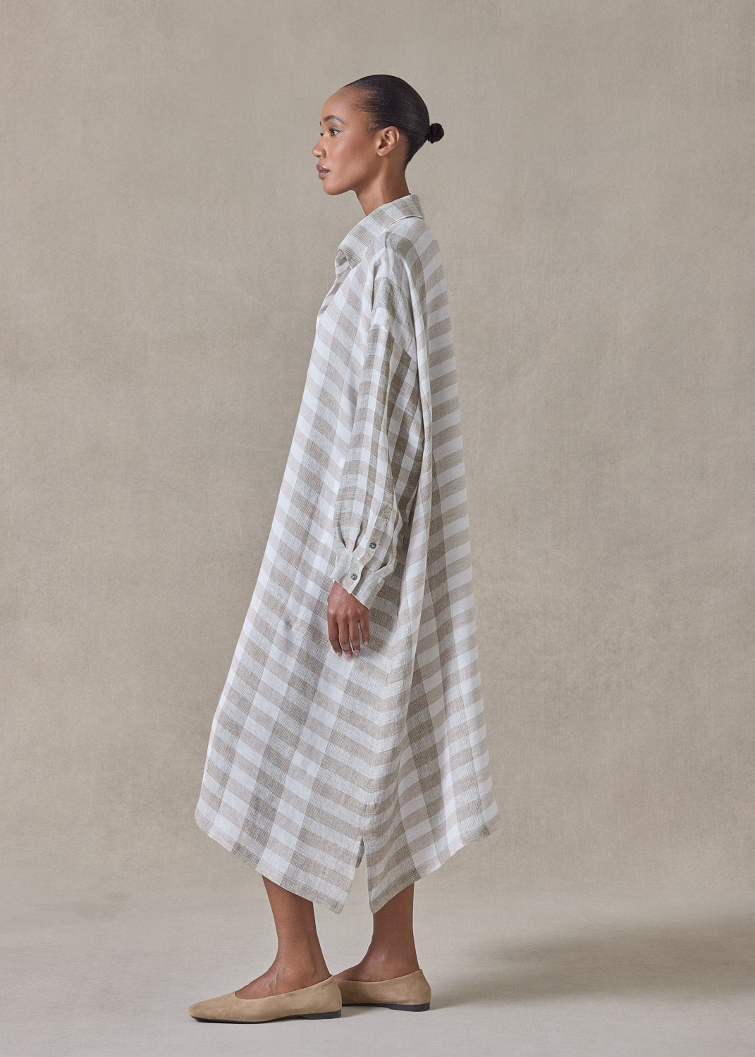 linen wide a-line shirt dress with collar (olive)