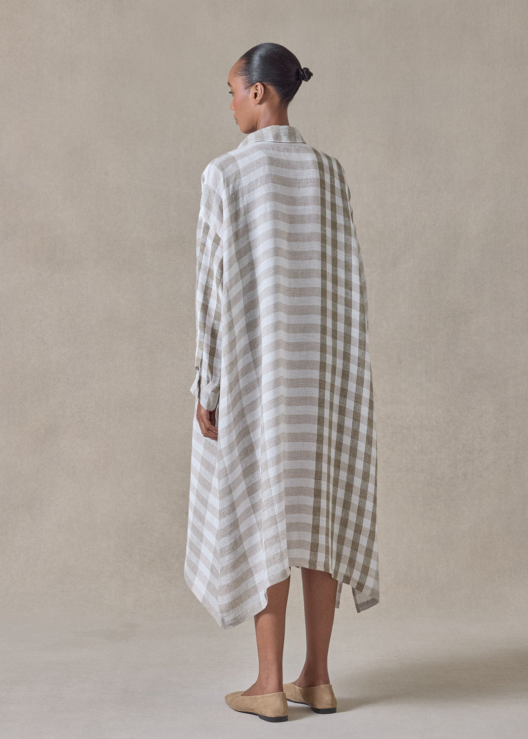 linen wide a-line shirt dress with collar (olive)