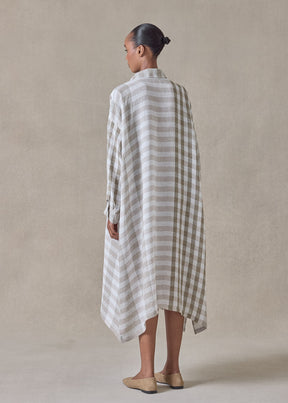 linen wide a-line shirt dress with collar (olive)