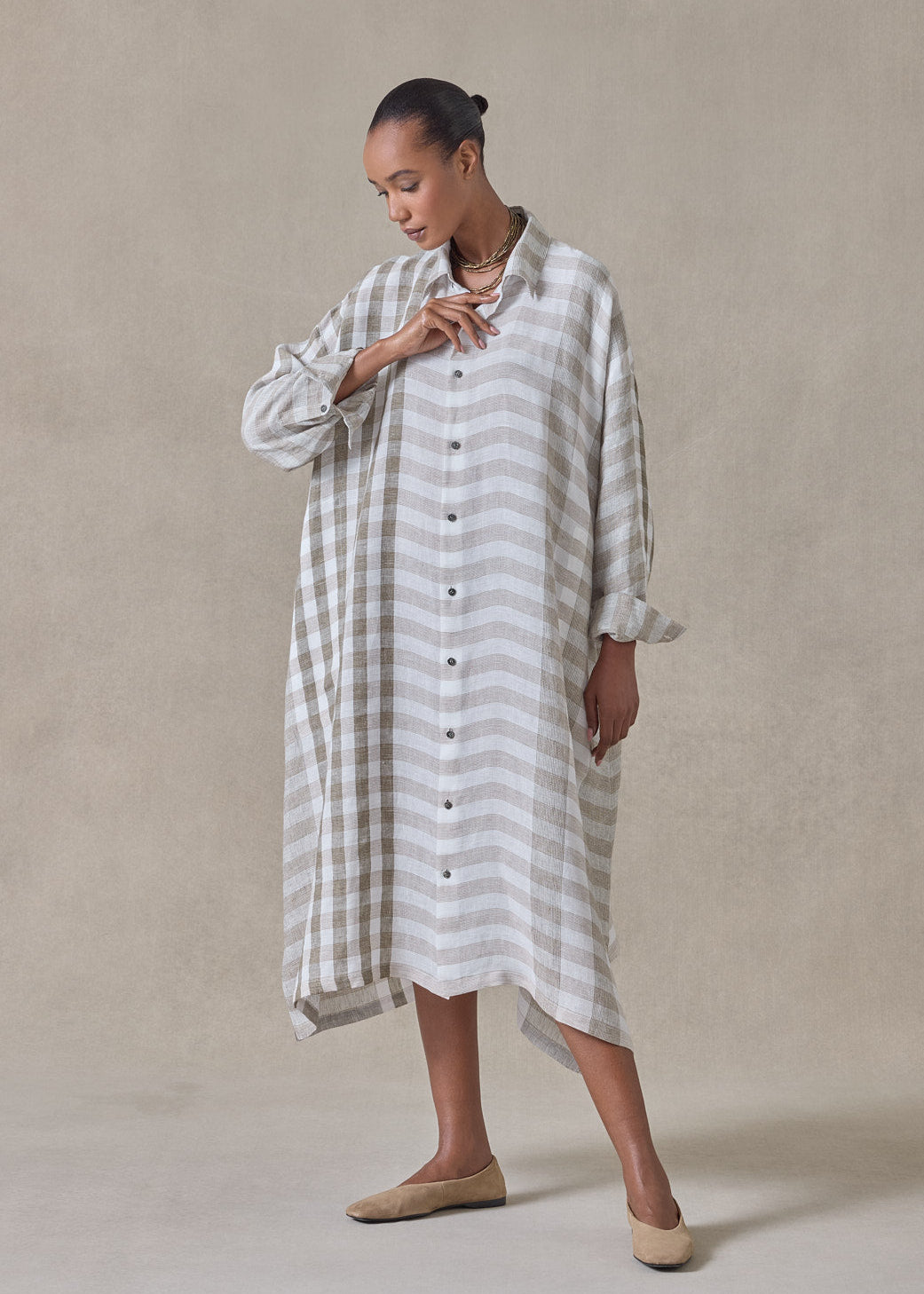 linen wide a-line shirt dress with collar (olive)