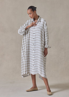 linen wide a-line shirt dress with collar (olive)