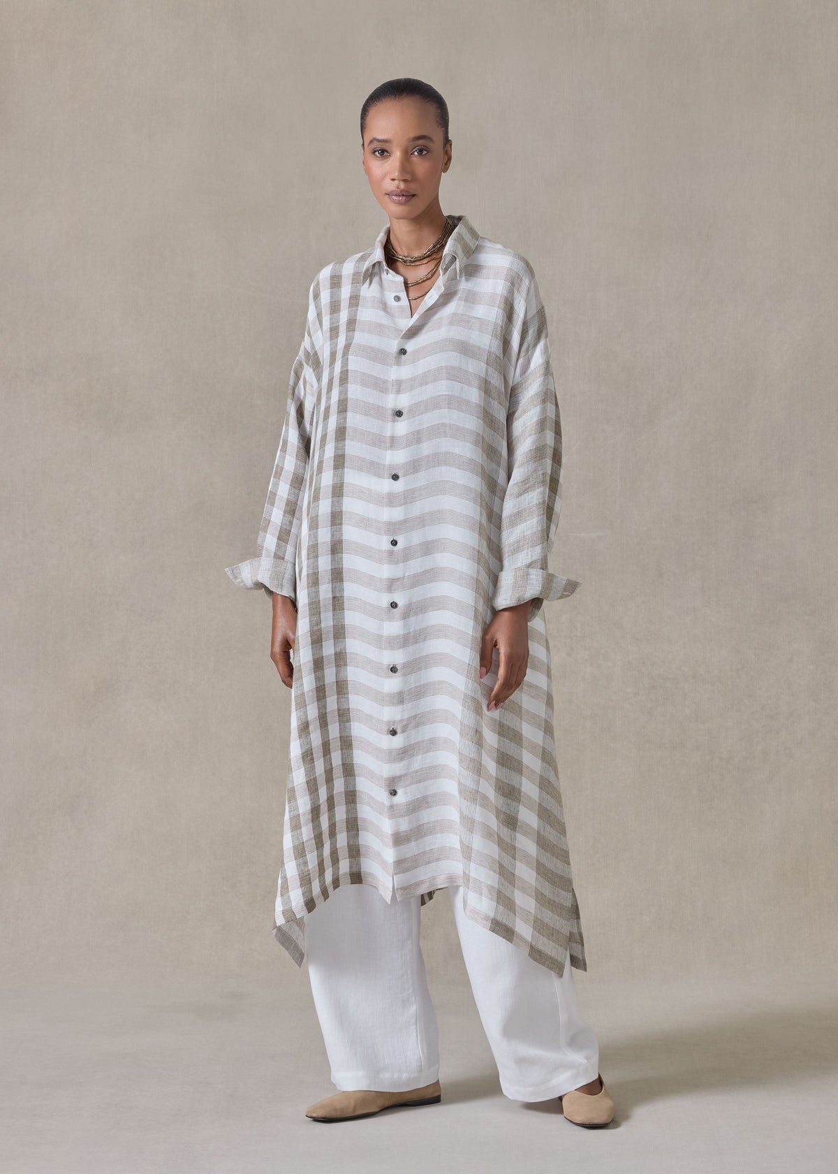 linen wide a-line shirt dress with collar (olive)