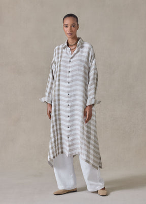 linen wide a-line shirt dress with collar (olive)