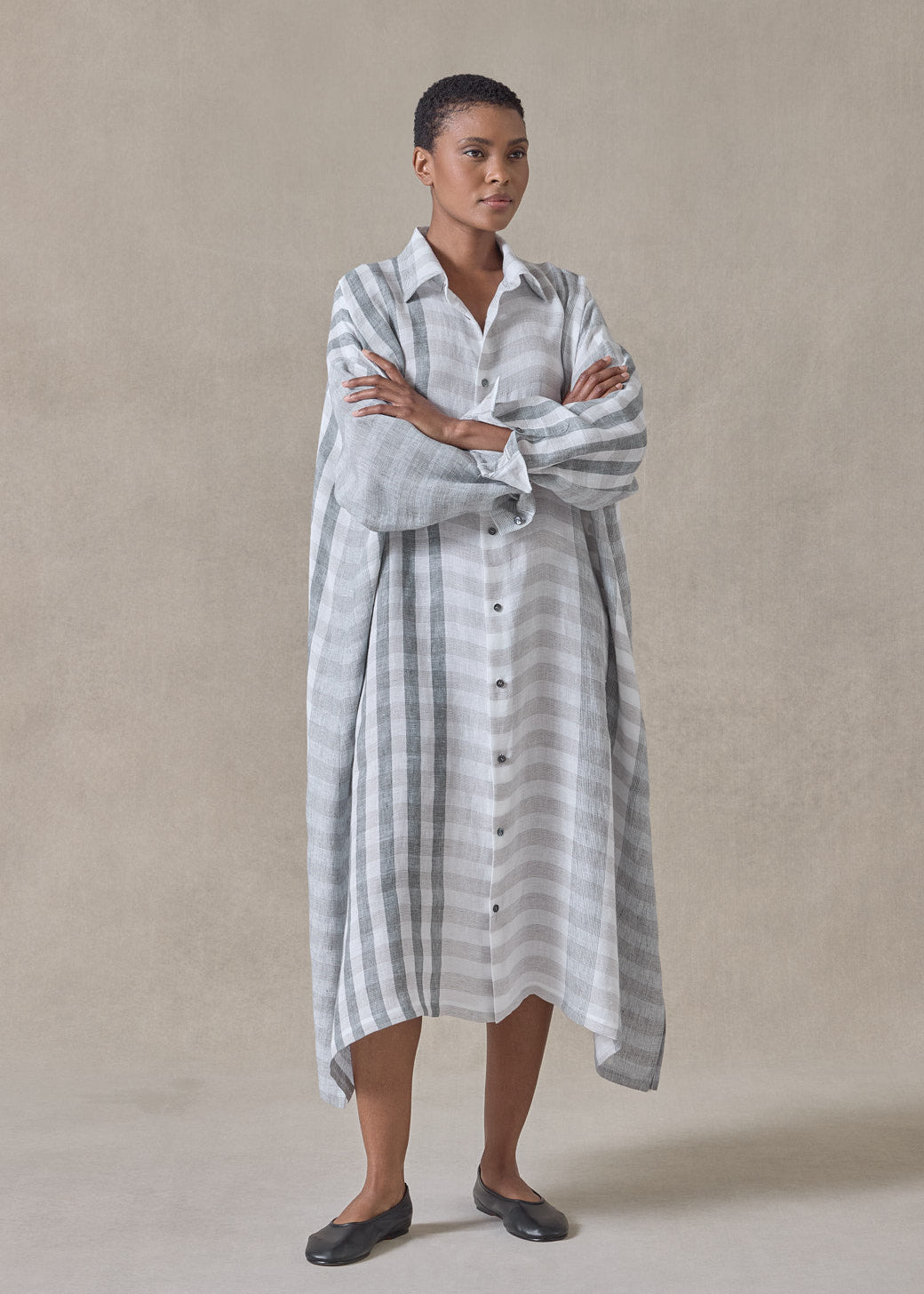 linen wide a-line shirt dress with collar (petrol)