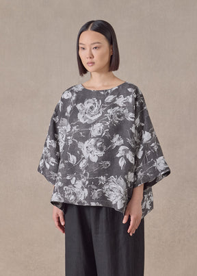 stonewashed linen 3/4 width scoop neck tunic with hem bands - mid (monochrome)