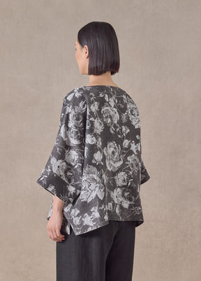 stonewashed linen 3/4 width scoop neck tunic with hem bands - mid (monochrome)