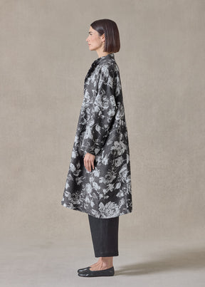 stonewashed linen a-line panelled mandarin jacket coat - 3/4 length (monochrome)