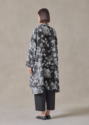 stonewashed linen a-line panelled mandarin jacket coat - 3/4 length (monochrome)