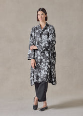 stonewashed linen a-line panelled mandarin jacket coat - 3/4 length (monochrome)