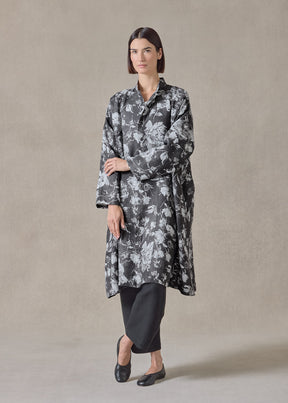 stonewashed linen a-line panelled mandarin jacket coat - 3/4 length (monochrome)