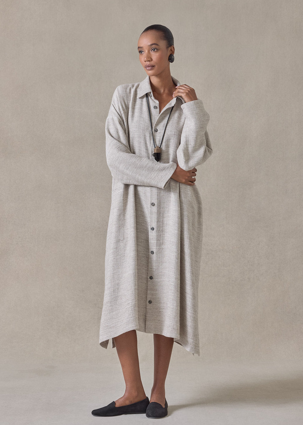 textured linen mix wide a-line shirt dress with collar (natural)