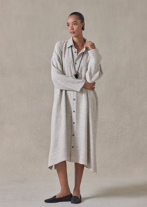 textured linen mix wide a-line shirt dress with collar (natural)